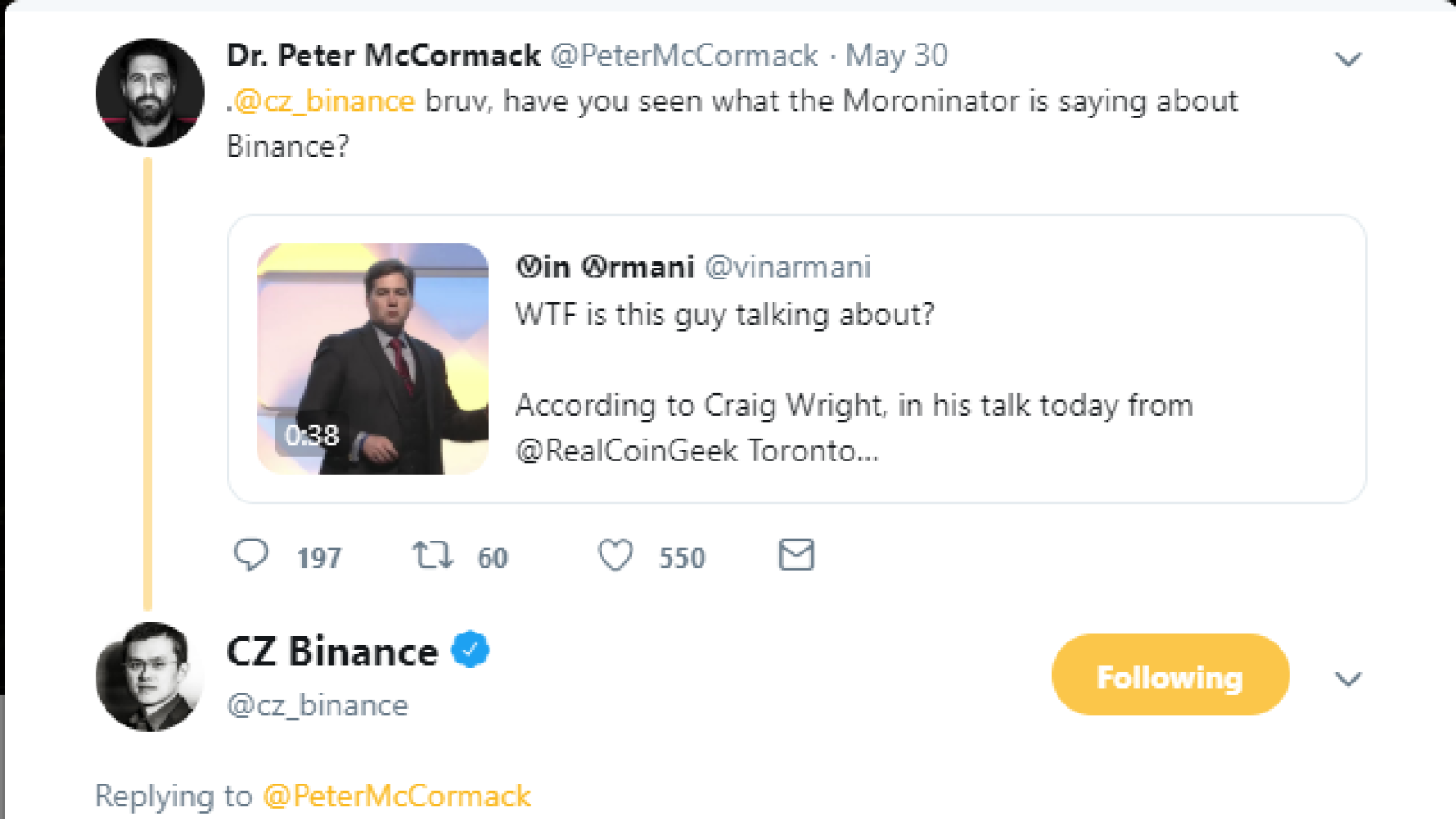 CZ said that he would not give Craig Wright