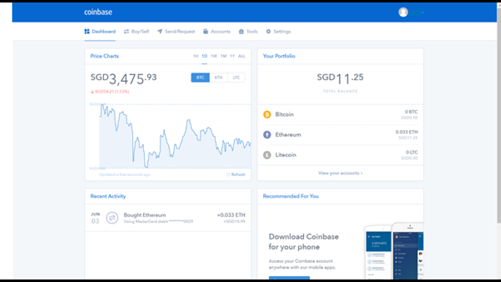 Coinbase personal account interface