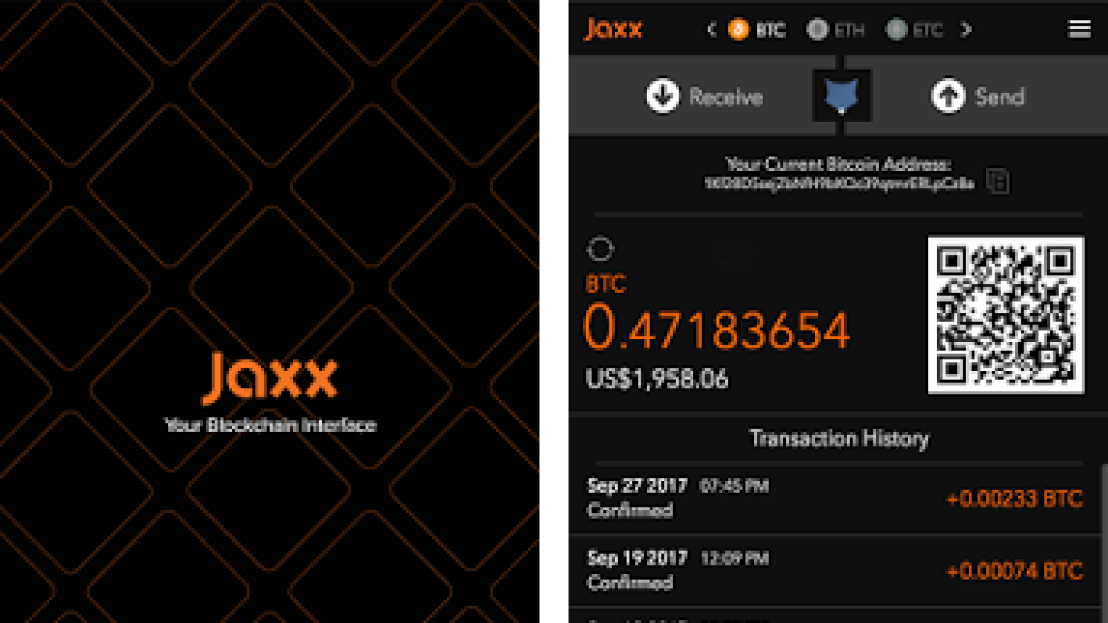 Jaxx mobile application shows transaction info