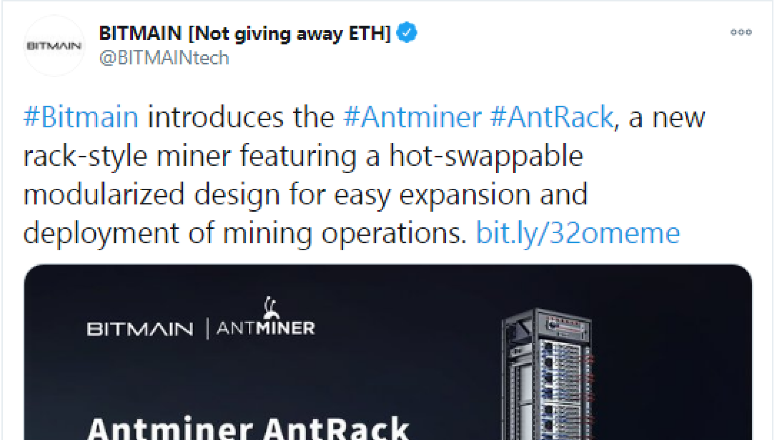 Bitmain releases AntRack, all-in-one rack-style Bitcoin (BTC) miner