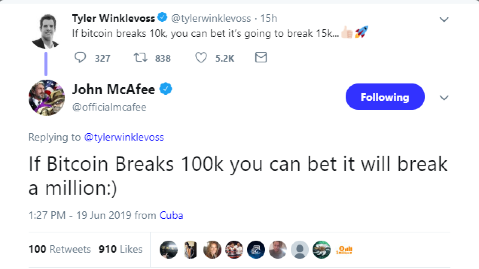 McAfee responded, saying that if BTC can hit $100,000