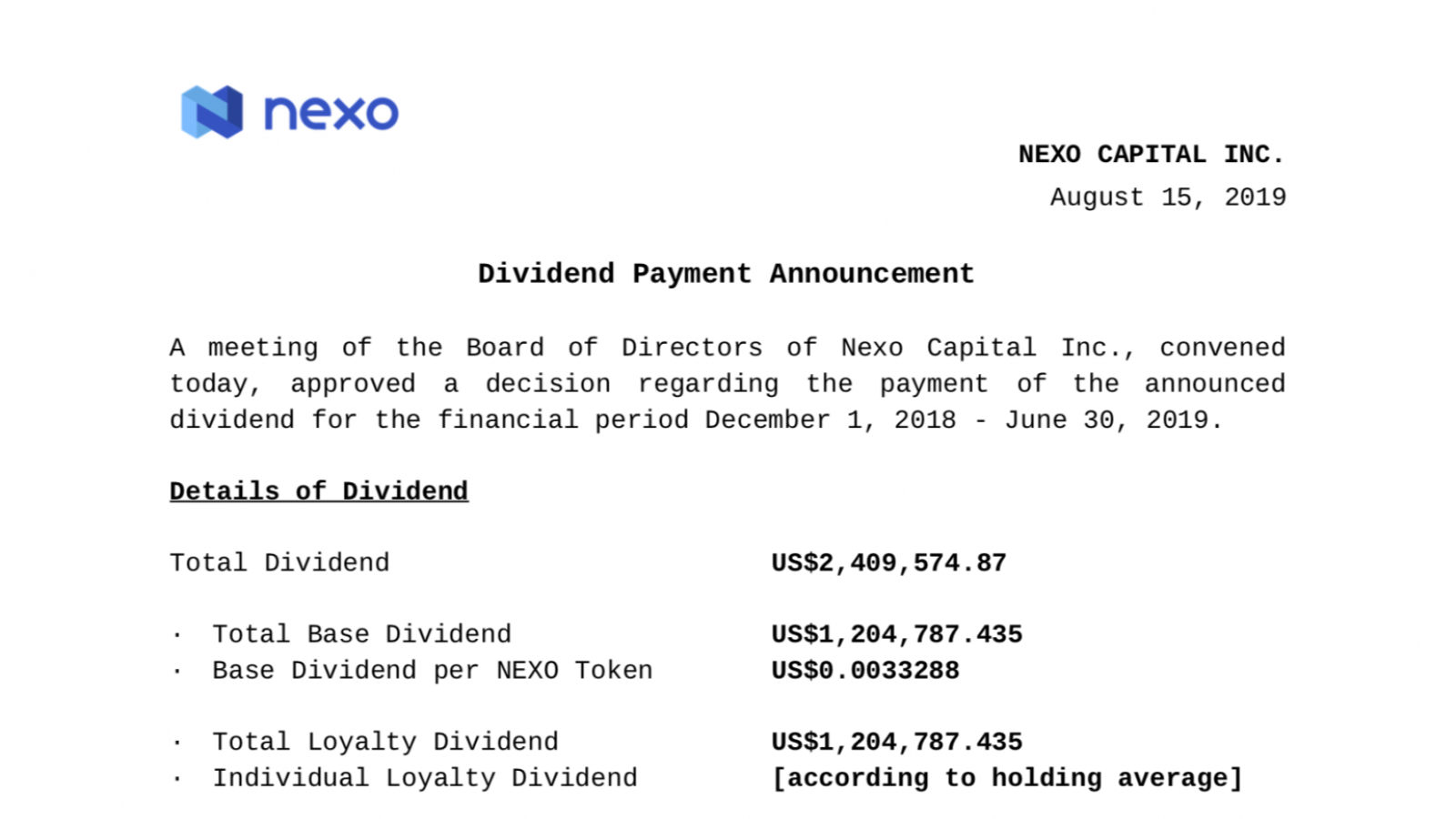 Dividend Payment Announcement