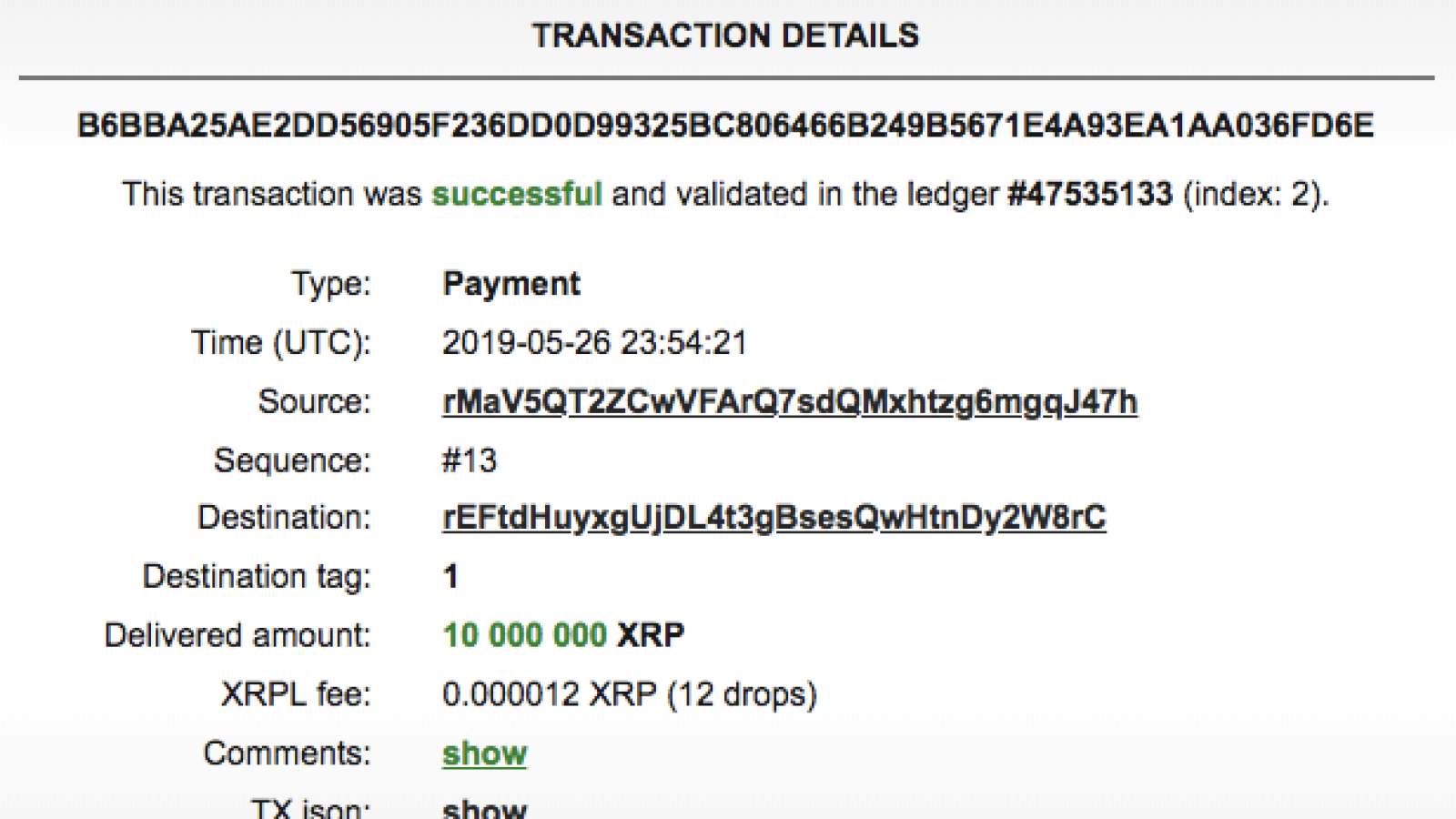 XRP transaction by Bithomp