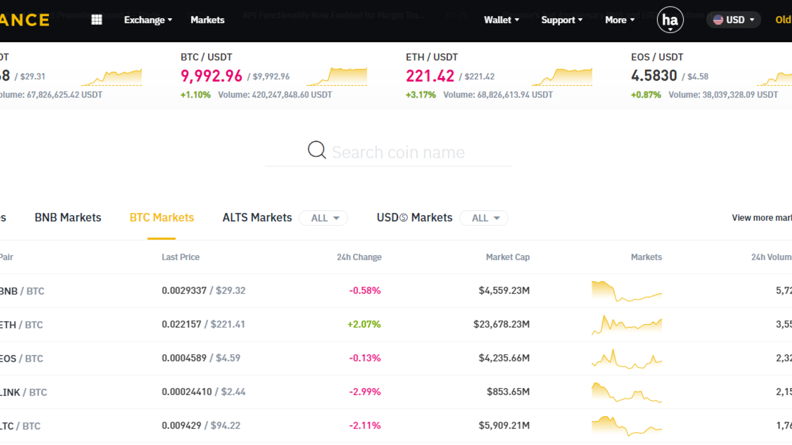 Binance exchange interface