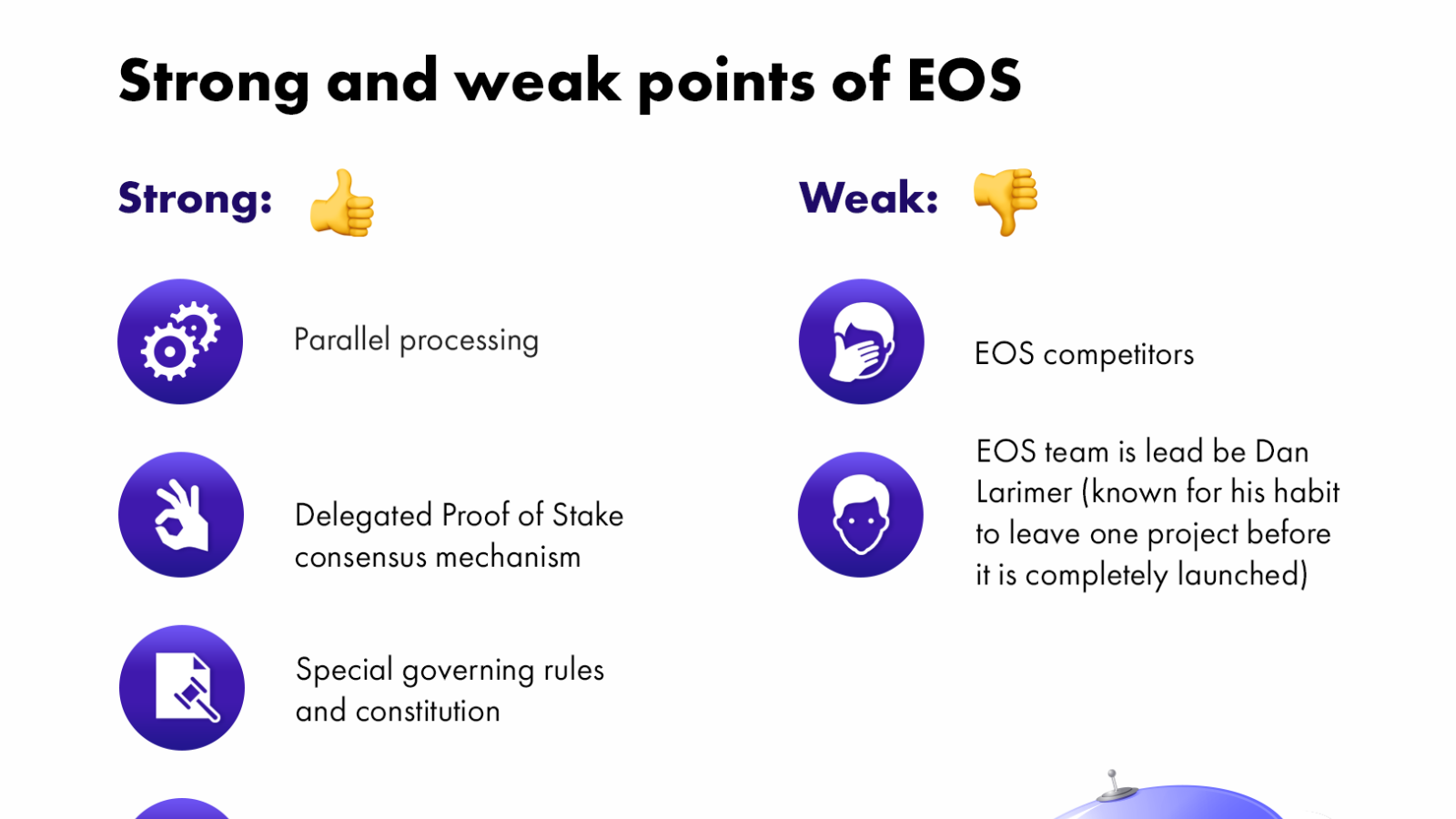 Strong and weak points of EOS