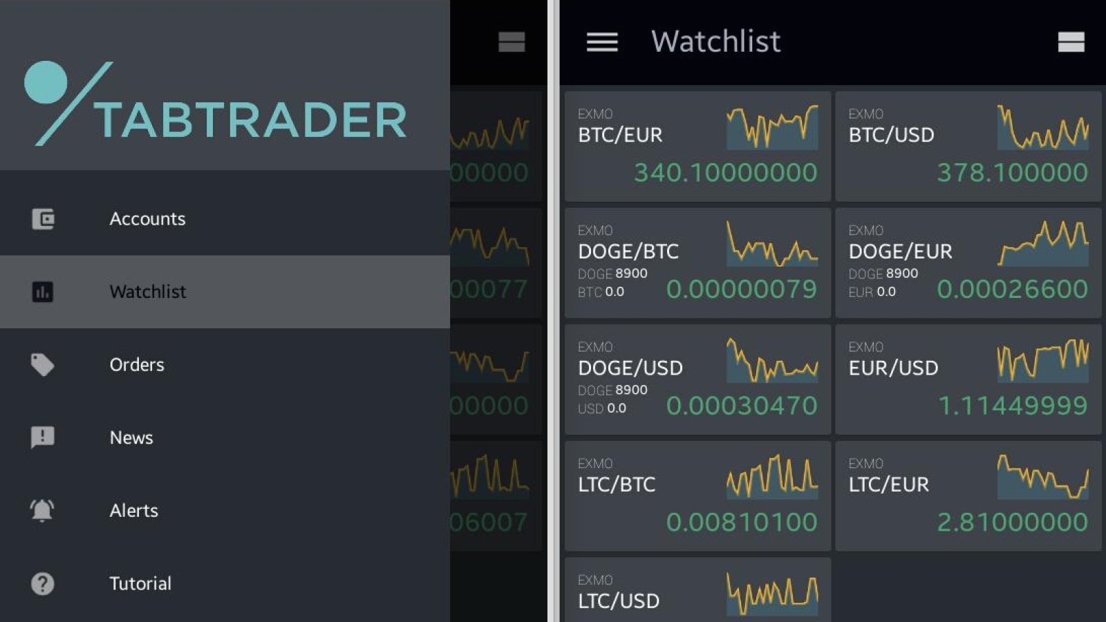TabTrader mobile app interface