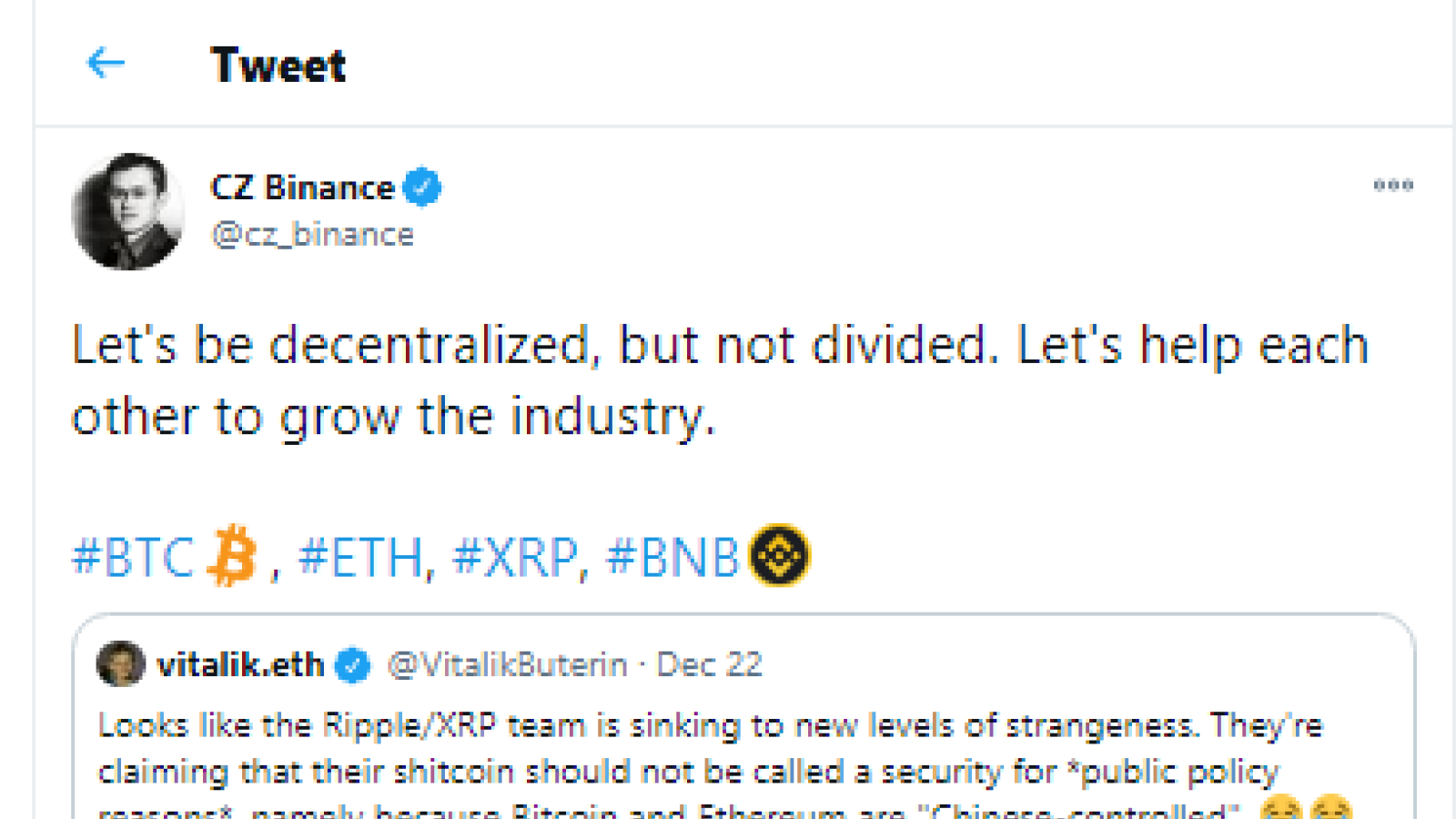 Binance's CZ suports Ripple