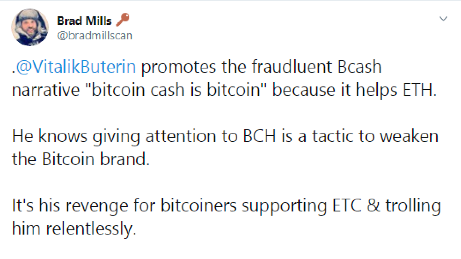 Brad Mills accuses Vitalik Buterin in promoting Bitcoin Cash