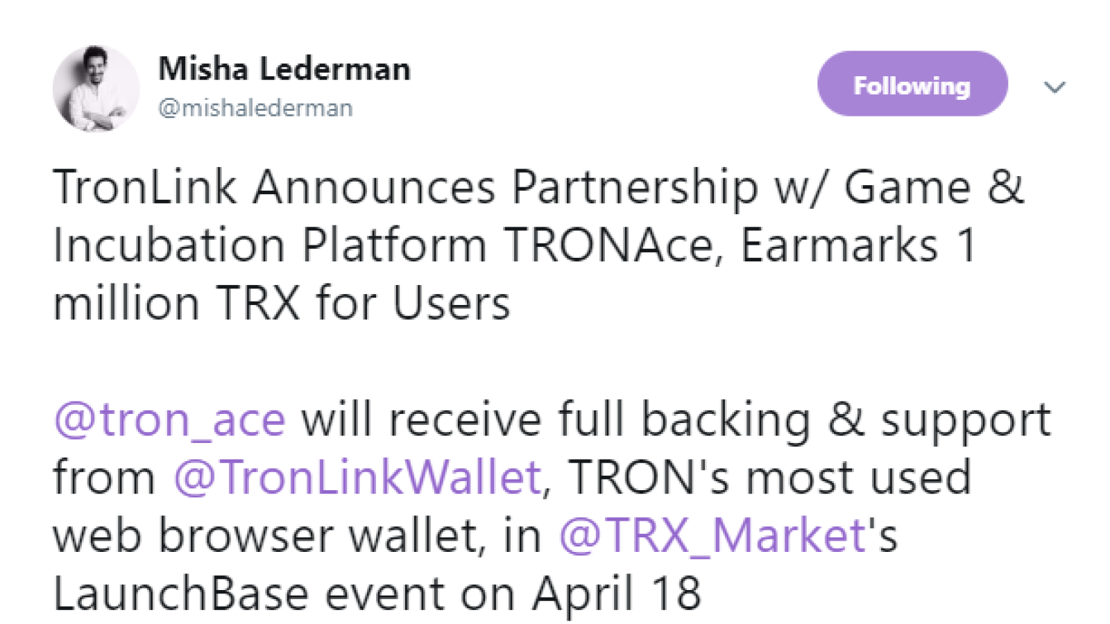 TronLink Wallet Teams Up with TRONAce, Big Bounty for TronLink Users Coming
