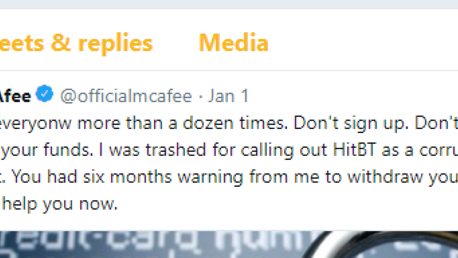 McAfee shoots a tweet at HitBTC