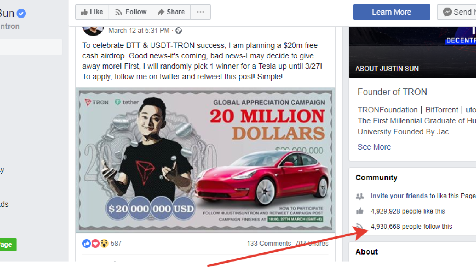 Justin Sun’s Twitter Account Reaches 1 Mln Followers, Part of Those Suspected to Be Fake