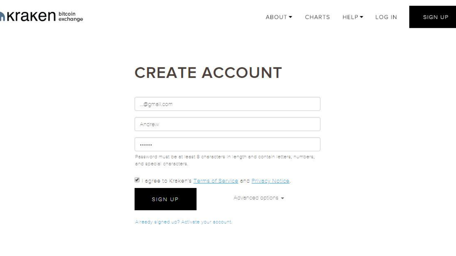 Create a new account with Kraken