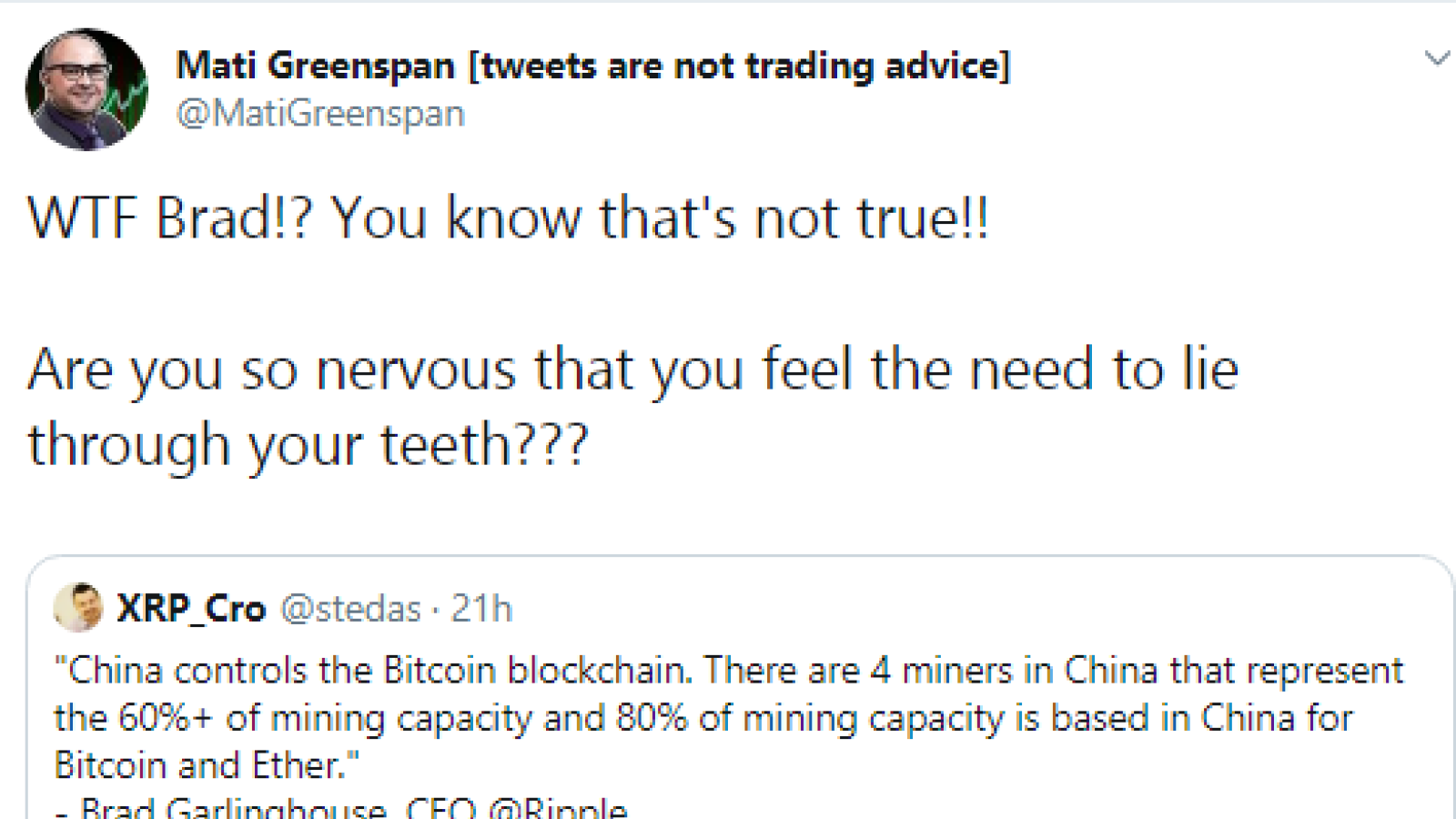 Mati Greenspan enraged as Brad Garlinghouse made a mistake about Chinese domination in PoW-mining