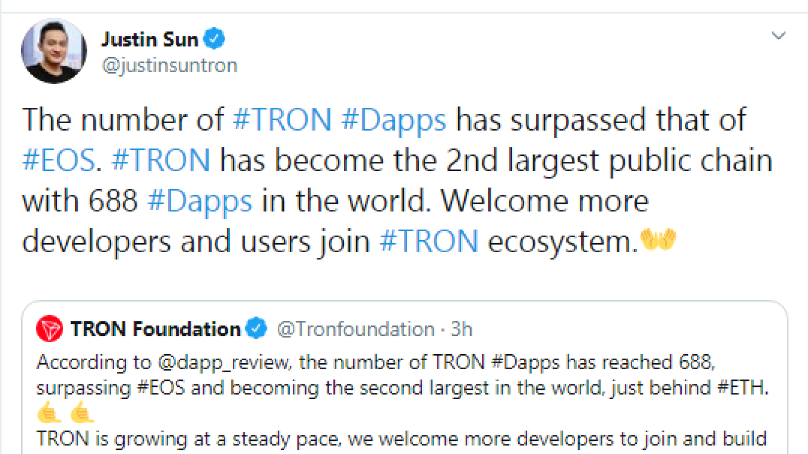 Tron surpasses EOS in number of dApps