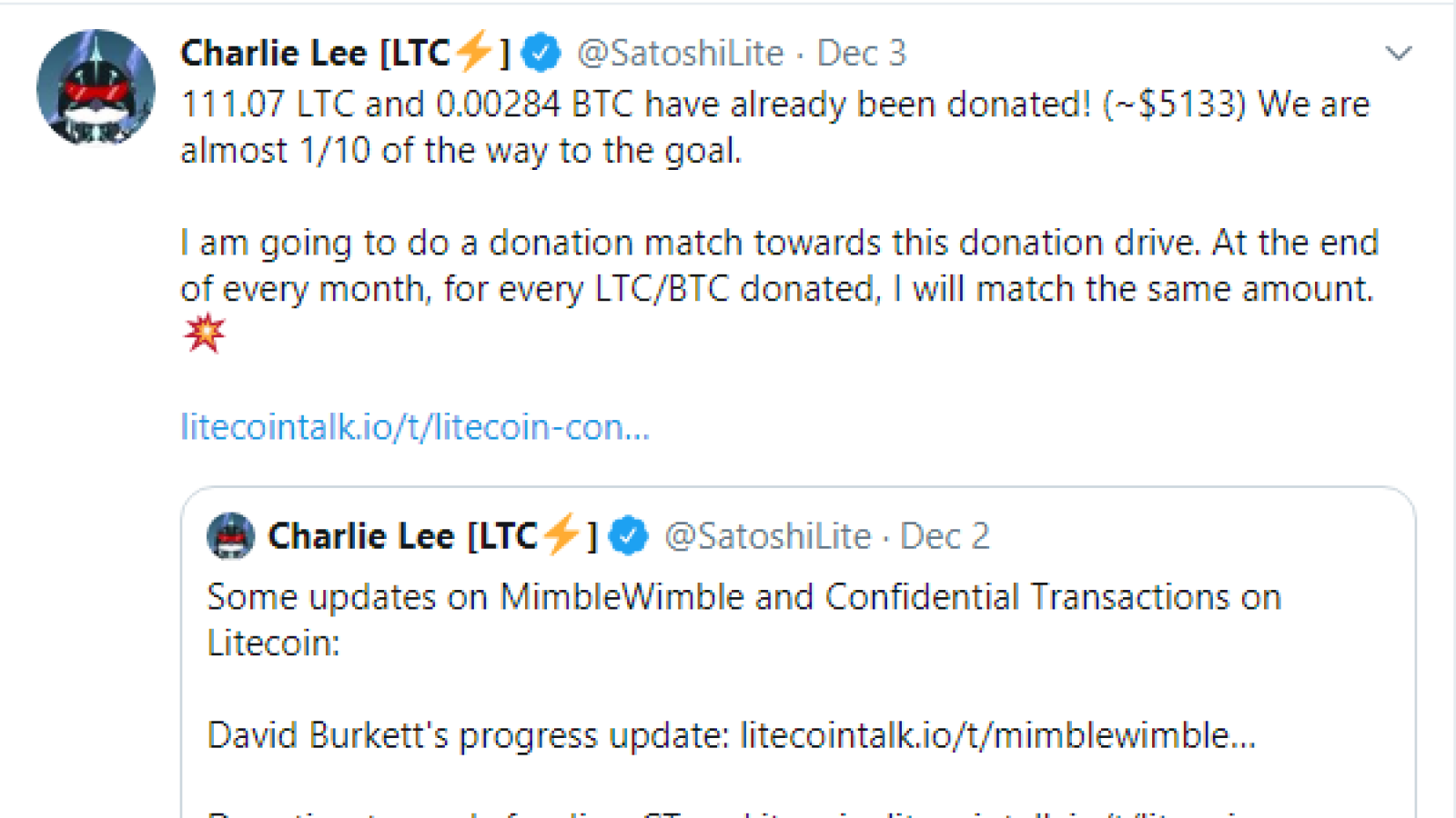 Charlie Lee Will Redouble Every Donation For MW Implementation