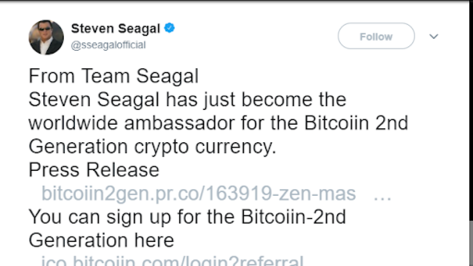 Non è troppo tardi per investire tutto nel nuovo Bitcoin di Steven Seagal