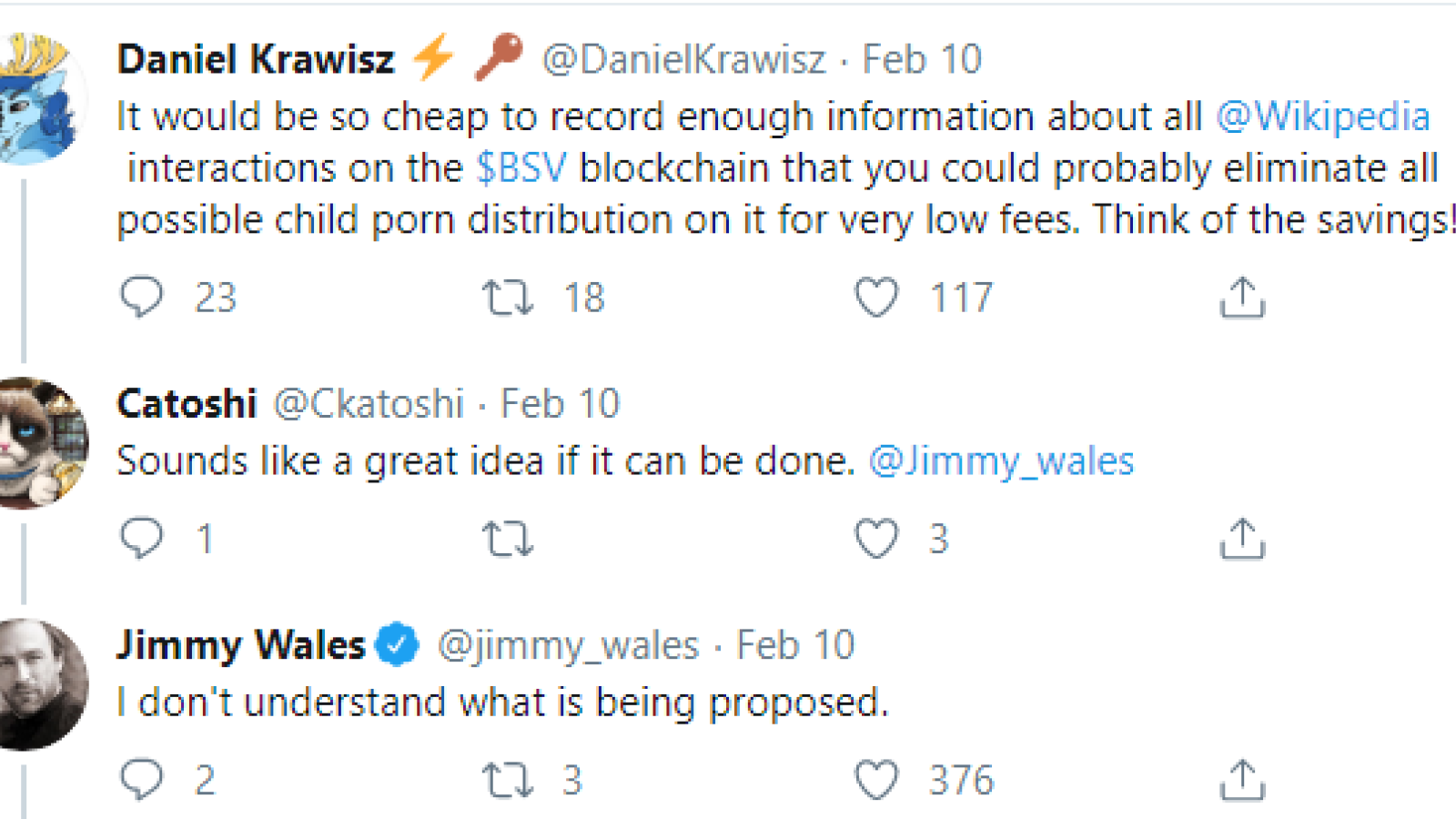 Jimmy Whales is sceptical on BSV usage in Wikipedia