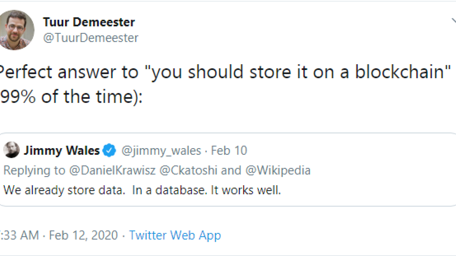 Tuur Demeester recommends to avoid blockchain-based data storage 99% of time