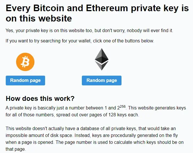 Every Bitcoin and Ethereum private key is on this website