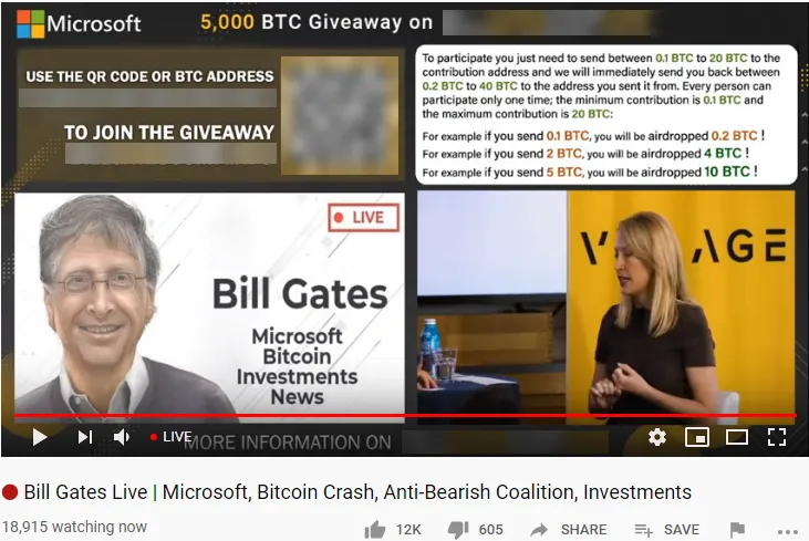Fake YouTube Bitcoin (BTC) airdrop