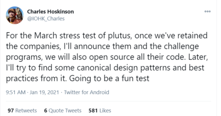 Charles Hoskinson shares the roadmap for Cardano's Plutus stress-tests
