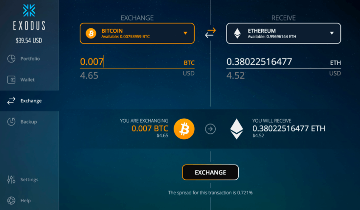 Exodus web interface – exchange operation