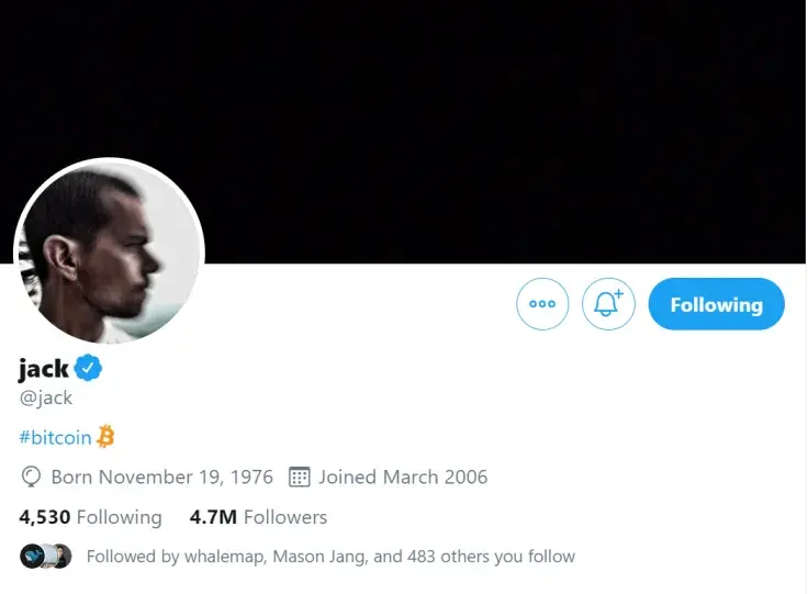 Twitter and Square CEO Jack’s Twitter bio reads “Bitcoin.”
