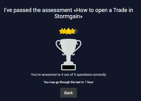 Figure 05: Screenshot after completing StormGain's ‘How to open a Trade in Stormgain’ test // Image by StormGain