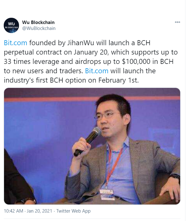 Jihan Wu launches BCH/USDT perpetual swaps
