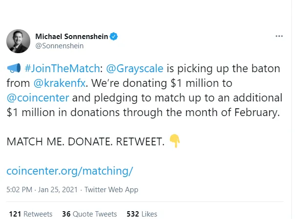 Grayscale donates $1,000,000 to CoinCenter