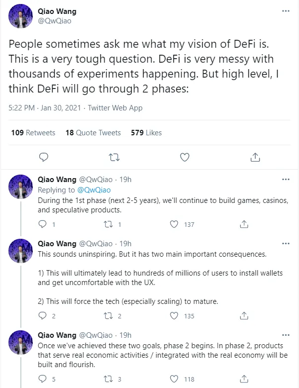 DeFi to evolve from casinos and games to financial institutions: Qiao Wang