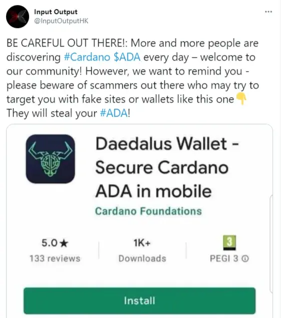 Fake Cardano's node software Daedalus disclosed in Google Play