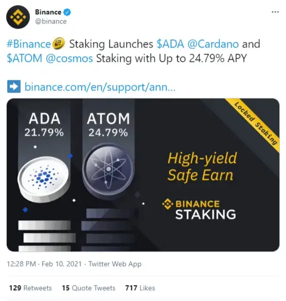 Binance (BNB) activates ADA and ATOM staking programs