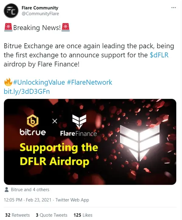 DFLR tokens airdrop will be supported by BitRue