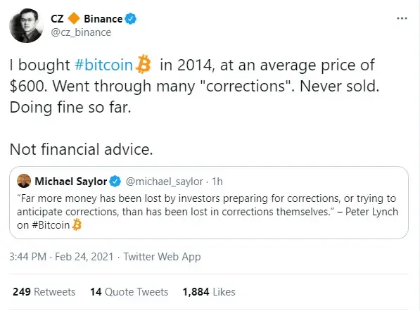 CZ bought Bitcoins at $400 and never sold
