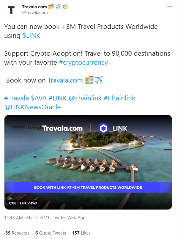 Travala partners Chainlink to accept LINK payments