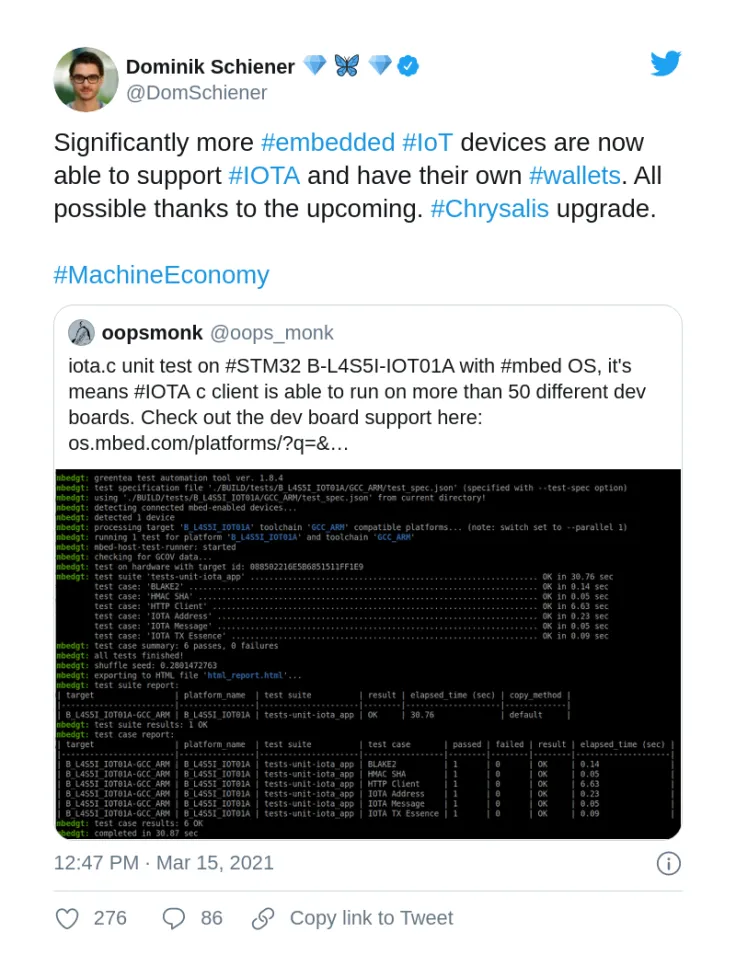 Developer Sam Chen tests IOTA's C-written client for STM32 microcontroller
