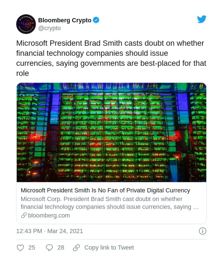 Microsoft president dismisses private cryptos
