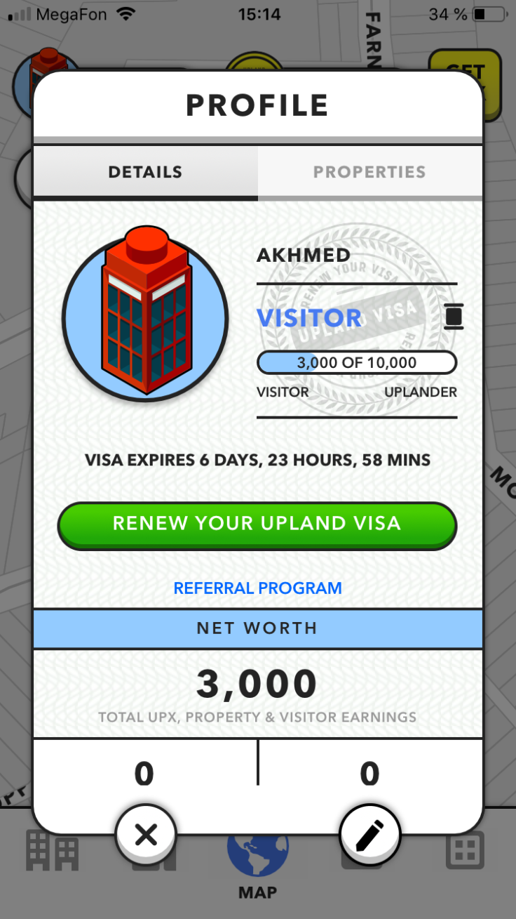 Here is how the newbie profile looks. To browse through the objects available for sale, the gamers need to choose the Block Explorer symbol (e.g. red cabin)