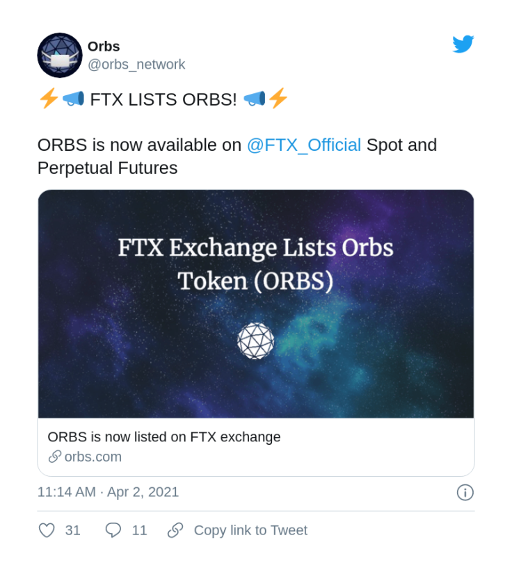FTX lists ORBS token