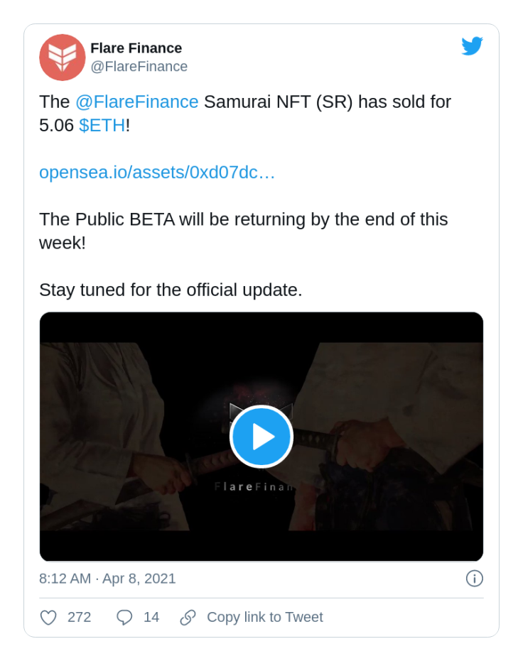 Flare Finance sells its NFT for 5 Ethers