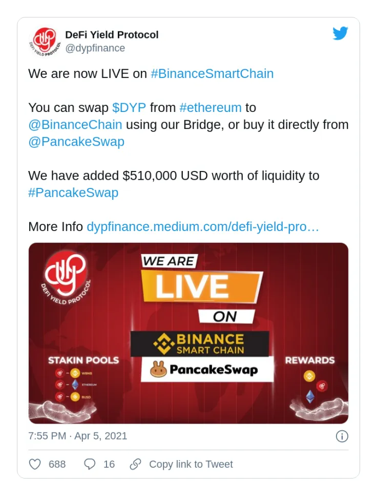 DYP Finance launches on Binance Smart Chain