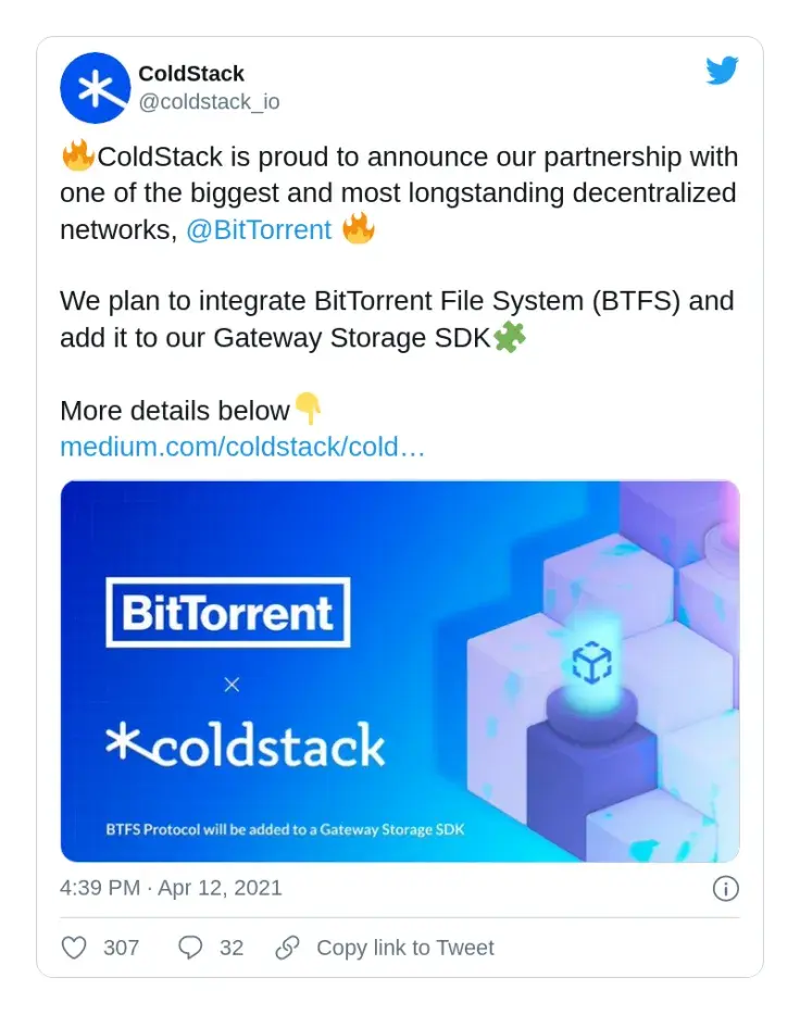 BTFS added to Coldstacks' SDK