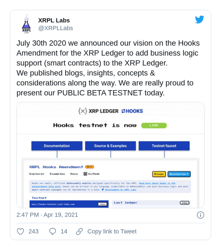 XRPL Hooks amendment is live in beta