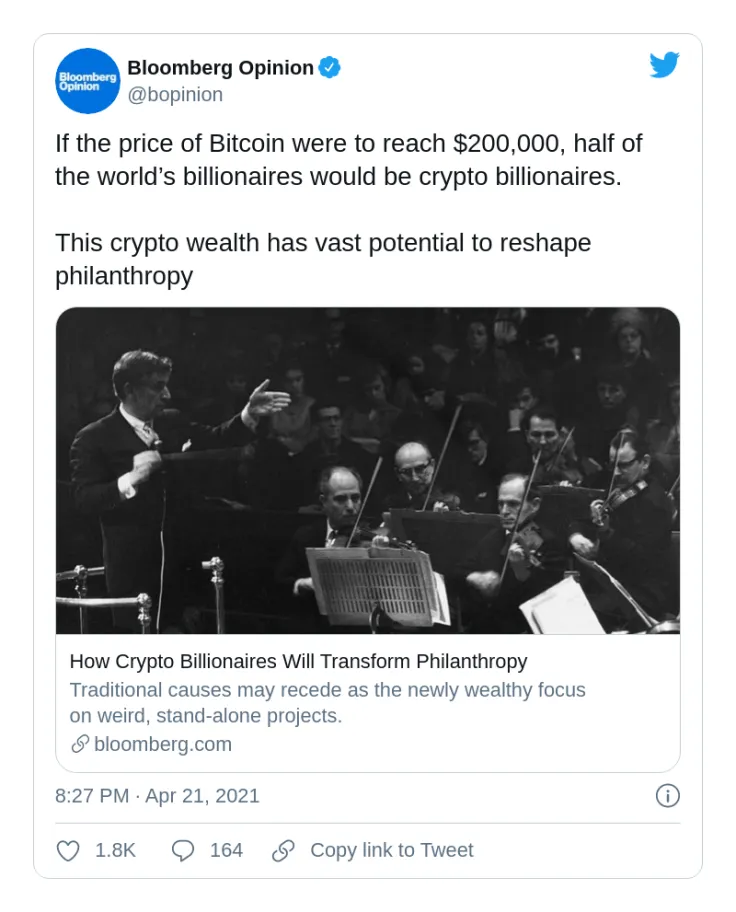 Bloomberg: crypto billionaires will donate in another