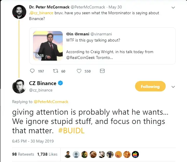 CZ said that he would not give Craig Wright