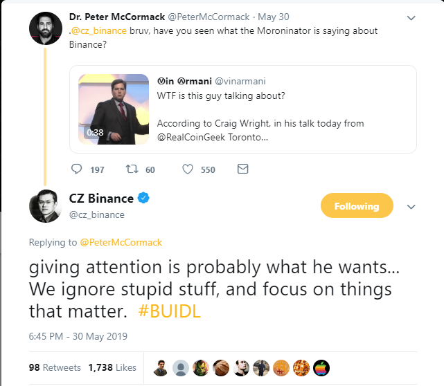 CZ said that he would not give Craig Wright