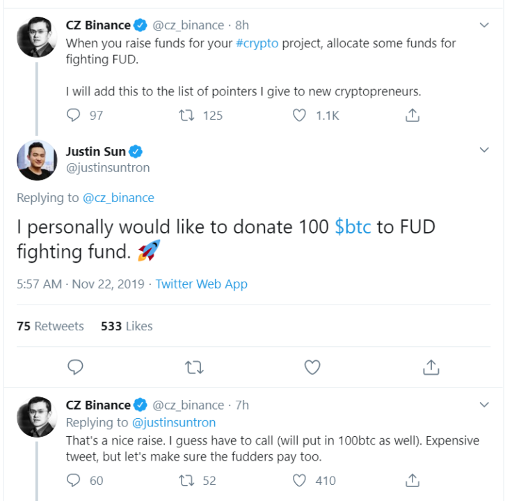 CZ Justin Sun donations against FUD