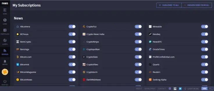 Personalize your subscriptions by using sliders in the Sources section