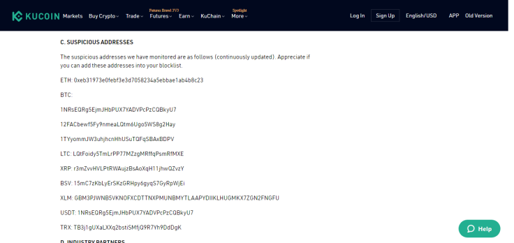 KuCoin shared suspicious addresses